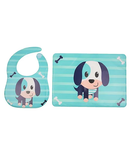 Yellow Bee Feeding Bib With Mat Dog Print - Blue