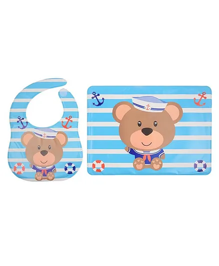 Yellow Bee Feeding Bib With Mat Bear Print - Blue