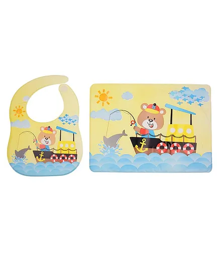 Yellow Bee Feeding Bib With Mat Fishing Print - Yellow