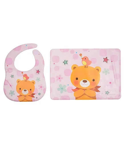 Yellow Bee Feeding Bib With Mat Bear Print - Pink