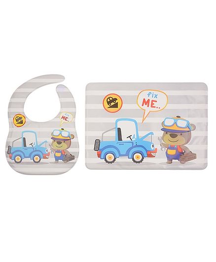 Yellow Bee Feeding Bib With Mat Car and Bear Print - Grey