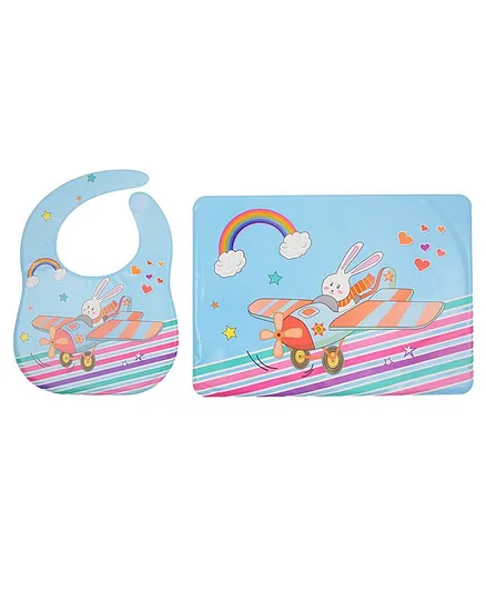 Yellow Bee Feeding Bib With Mat Flying Bunny Print - Blue
