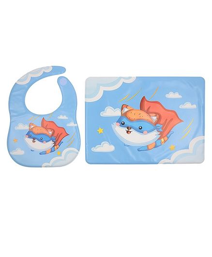 Yellow Bee Feeding Bib With Mat Flying Cat Print - Blue
