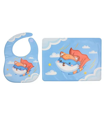 Yellow Bee Feeding Bib With Mat Flying Cat Print - Blue