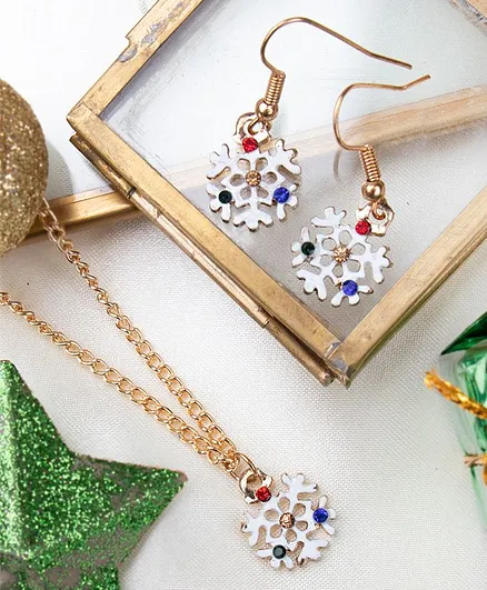 Arendelle Pack Of Christmas Special Snowflake Pendant Detailing Necklace and Earrings Set - White