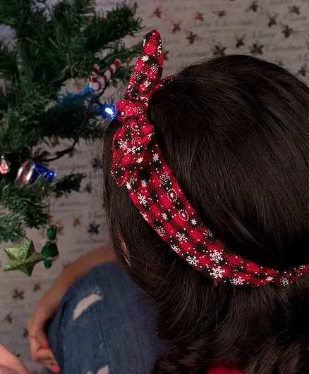 Arendelle Christmas Snowflakes Print Plaid Top Knot Headband - Red