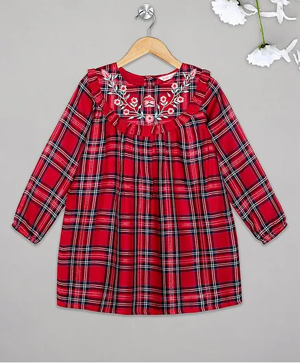 Budding Bees Full Sleeves Checked Top - Red