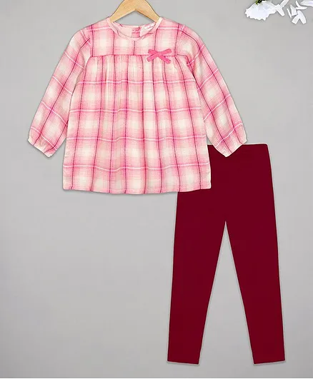 Budding Bees Full Sleeves Checked Dress With Leggings - Pink
