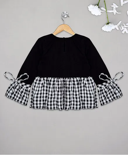 Budding Bees Gingham Checked Full Sleeves Top - Black