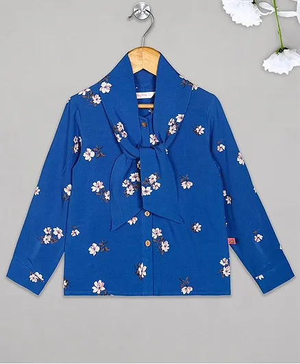 Budding Bees Full Sleeves Flower Print Top - Blue