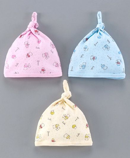 Simply Baby Cap Teddy Bear Print Pack of 3 Pink Blue Yellow - Diameter 9 cm