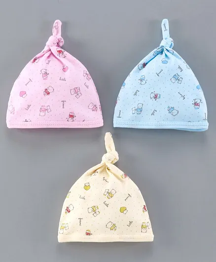Simply Baby Cap Teddy Bear Print Pack of 3 Pink Blue Yellow - Diameter 9 cm