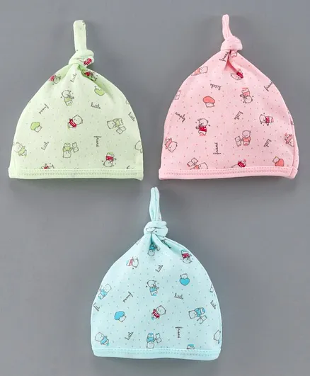 Simply Baby Cap Teddy Bear Print Pack of 3 Pink Blue Green - Diameter 9 cm