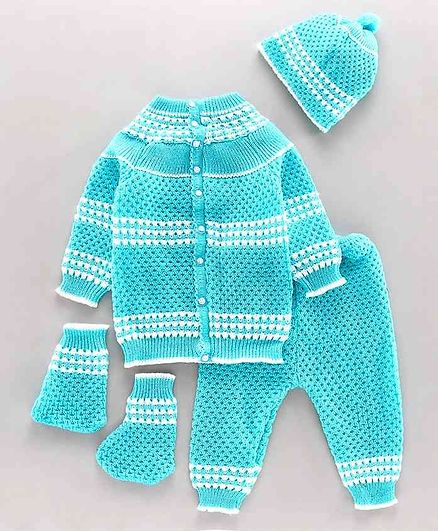 Babyhug Full Sleeves Sweater Set With Cap & Booties - Blue
