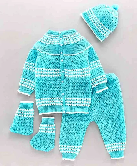 Babyhug Full Sleeves Sweater Set With Cap & Booties - Blue