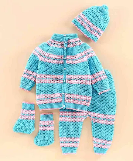 Babyhug Full Sleeves Sweater Set with Cap & Booties - Pink Blue
