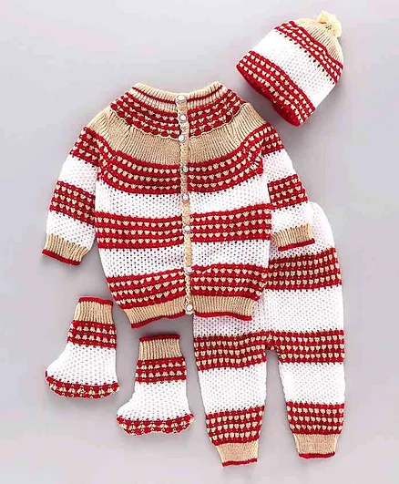 Babyhug Full Sleeves Sweater Set With Cap & Booties - Brown Red