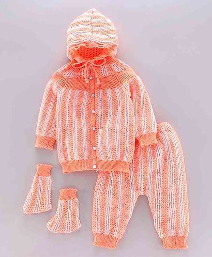 Babyhug Full Sleeves Hooded Sweater Set with Booties - Peach
