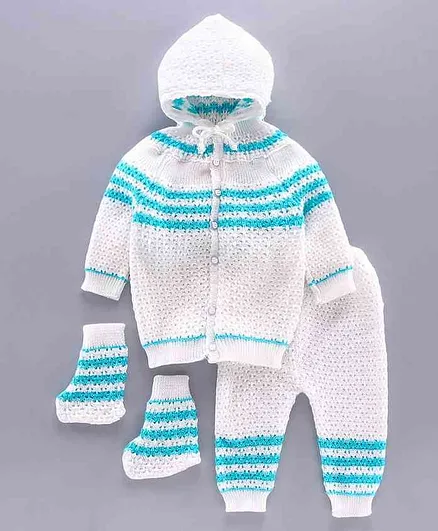 Babyhug Full Sleeves Hooded Sweater Set With Booties - White Blue