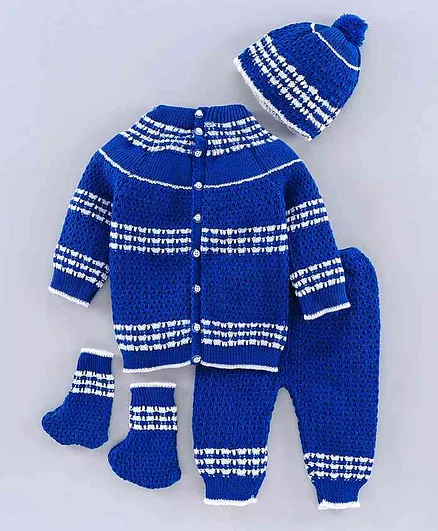 Babyhug Full Sleeves Sweater Set with Cap & Booties - Blue