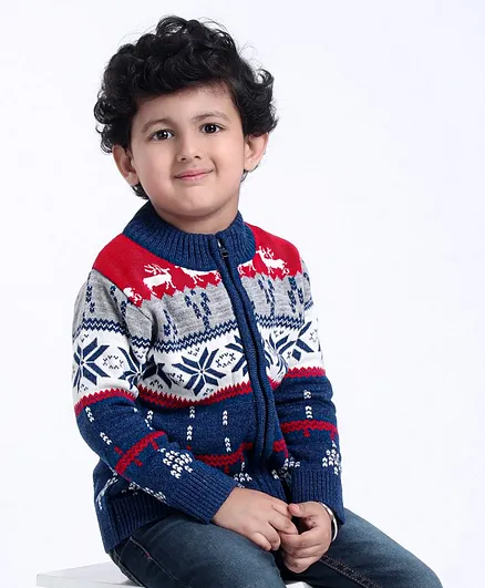 Babyhug Full Sleeves Front Open Sweater Self Design - Blue