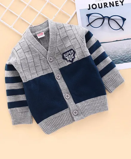 Babyhug Full Sleeves Front Open Sweater Striped - Blue Grey