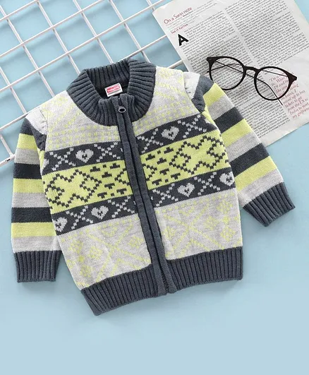 Babyhug Full Sleeves Front Open Sweater Self Design - Grey