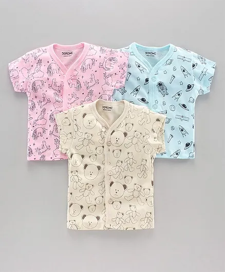 Doreme Half Sleeves Vests Multiprint Pack of 3 - Blue Pink Yellow