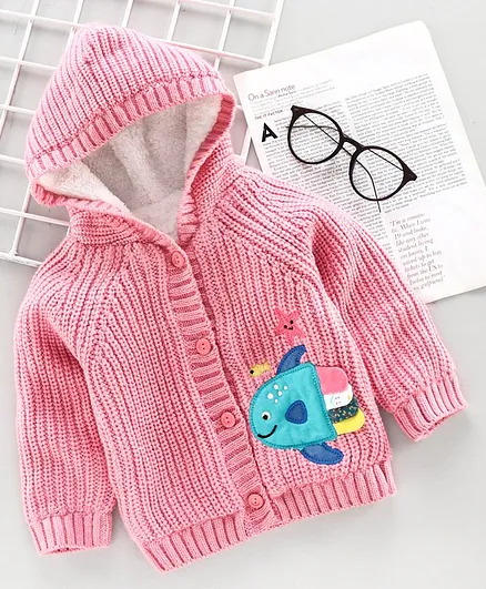 Babyhug Full Sleeves Hooded Front Open Sweater Fish Design - Pink