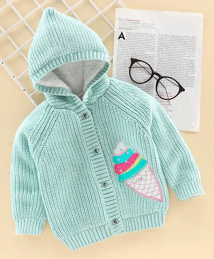 Babyhug Full Sleeves Front Open Hooded Sweater Ice Cream Design - Light Green