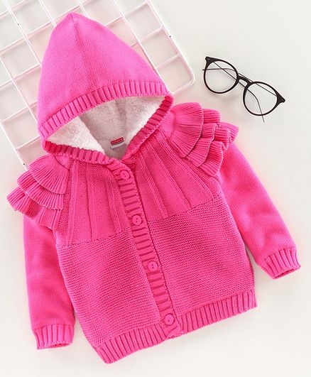 Babyhug Full Sleeves Front Open Hooded Sweater - Pink