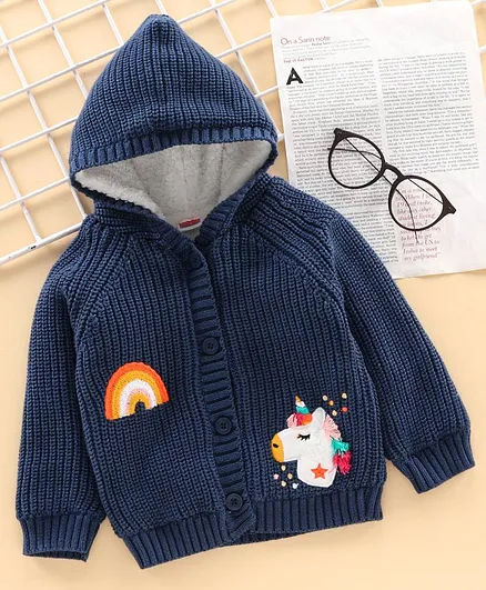 Babyhug Full Sleeves Hooded Front Open Sweater Unicorn Design - Blue