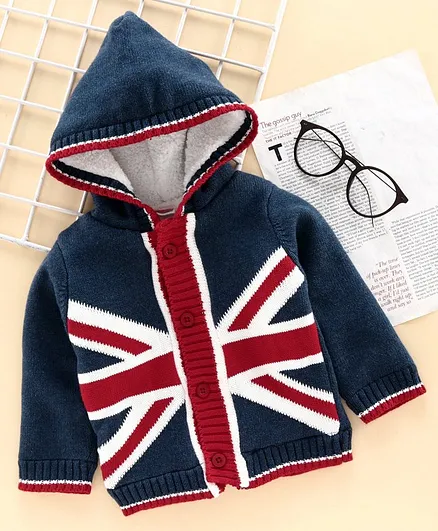 Babyhug Full Sleeves Hooded Front Open Sweater Flag Design - Navy Blue Red
