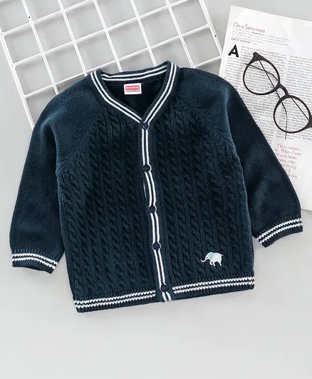 Babyhug Full Sleeves Front Open Sweater Elephant Design - Navy Blue