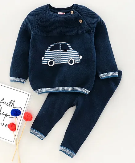 Babyhug Full Sleeves Pullover Sweater Set - Navy Blue