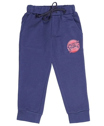 Actuel Cotton Knitted Full Length Rock Rolle Print Track Pant With Ribbed Cuffs - Blue