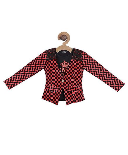 Actuel Full Sleeves Checked Lace Embellished Jacket With Printed T-Shirt - Red Black