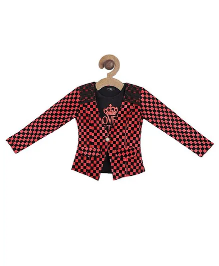 Actuel Full Sleeves Checked Lace Embellished Jacket With Printed T-Shirt - Red Black