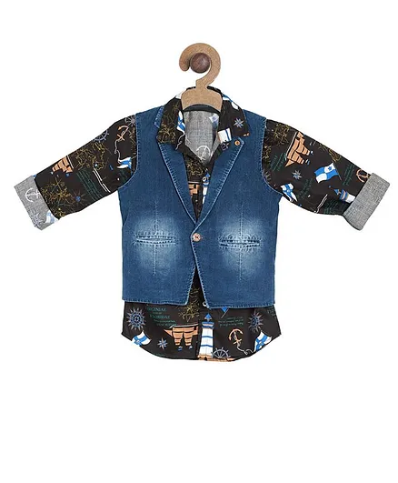 Actuel Full Sleeves Flags Print Shirt With Denim Jacket - Black