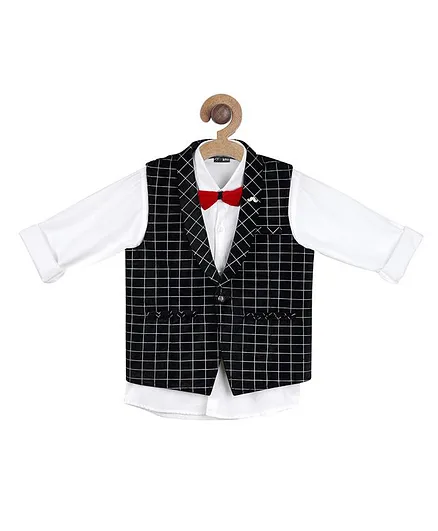 Actuel Full Sleeves Shirt With Checked Waistcoat & Bow - Black