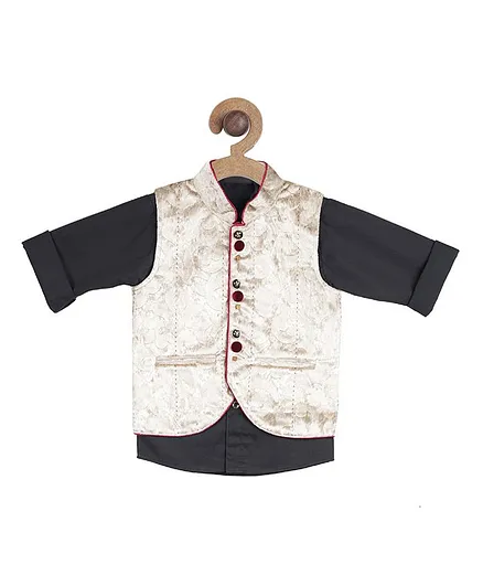 Actuel Full Sleeves Shirt With Brocade Pattern Jacket - Black