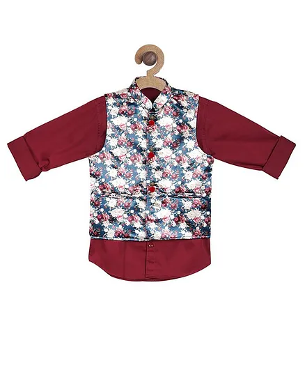 Actuel Full Sleeves Shirt With Floral Print Jacket - Maroon