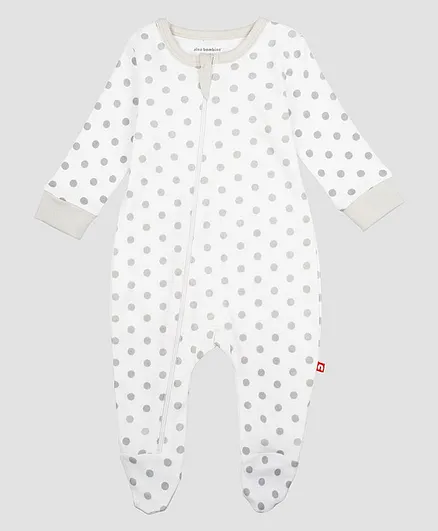 Nino Bambino Full Sleeves Polka Dot Printed Organic Cotton Footed Romper - White