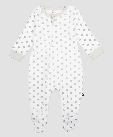 Nino Bambino Full Sleeves Polka Dot Printed Organic Cotton Footed Romper - White