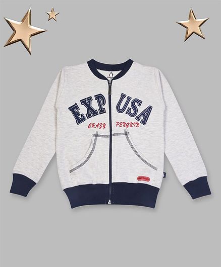 Crazy Penguin Full Sleeves Text Print Jacket - Off White