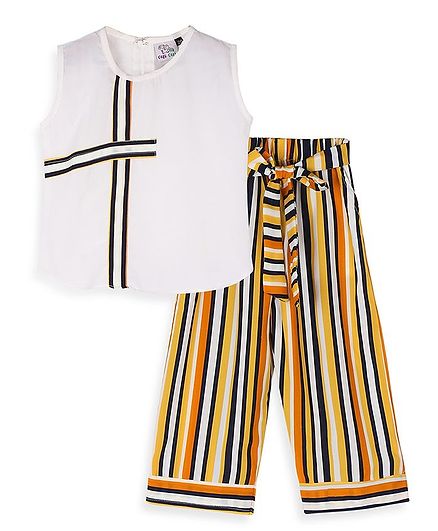 oui oui Sleeveless Stripe Top With Flared Striped Pants - White Yellow
