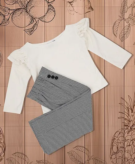 oui oui Full Sleeves Frill Detailed Top With Checked Pants - White Black