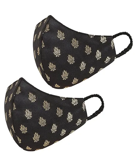 Tossido 100% Cotton 3 Ply Chanderi Banarasi Masks Black - Set of 2