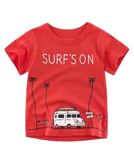 Kookie Kids Half Sleeves T-Shirt Beach Print - Red
