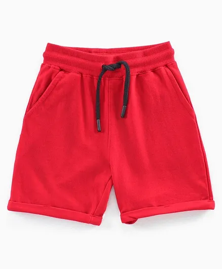 Pine Kids 100%Cotton Above Knee Length Biowashed Shorts With Drawstring - Red